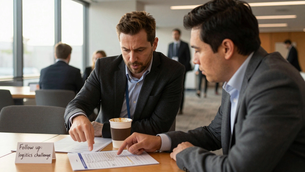 Два участника конференции ведут искренний разговор во время перерыва, на столе — заметка на визитке.