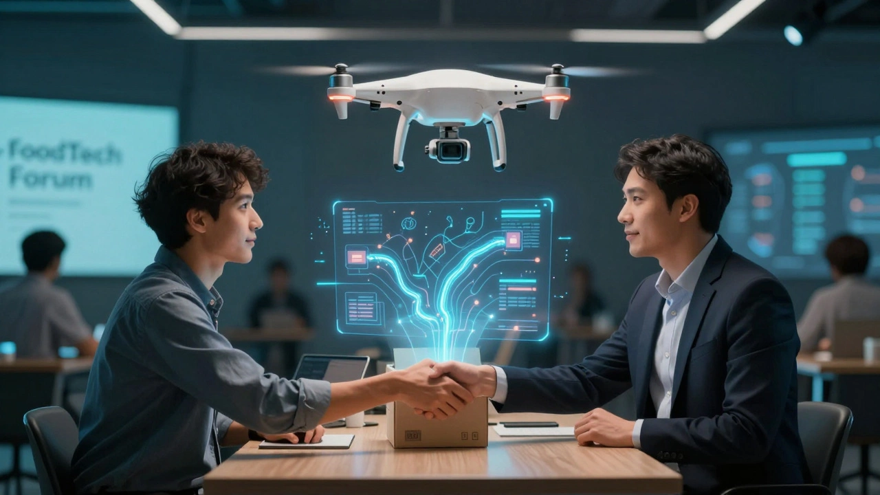 Инвестор и производитель заключают партнерство у стола с дроном и голографическими маршрутами доставки.