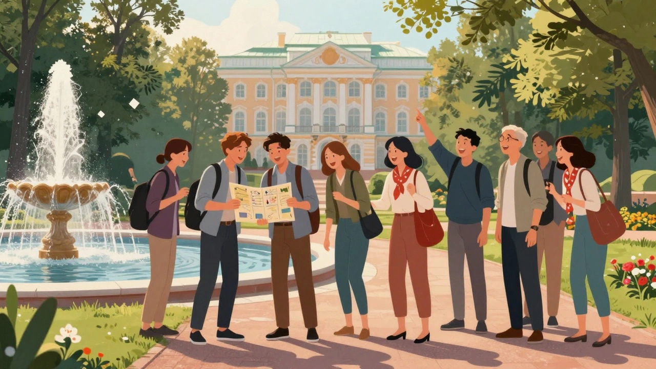 Команда участвует в квесте среди фонтанов Петергофа в корпоративном мероприятии.