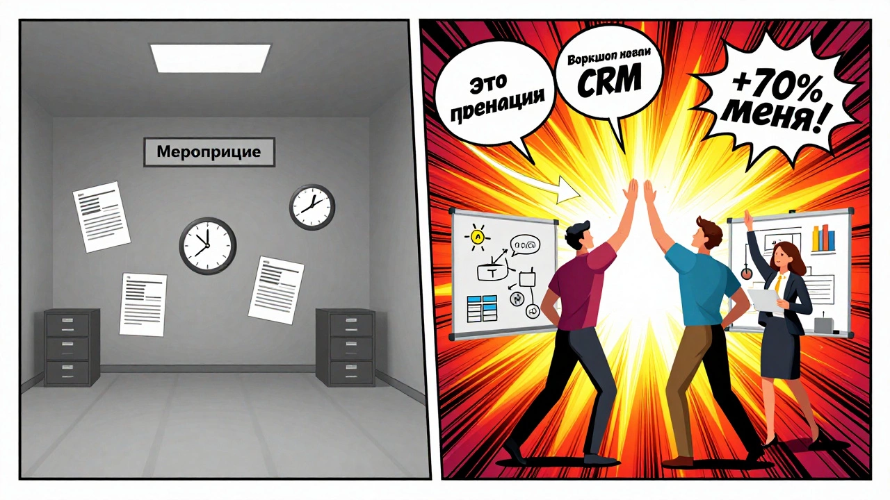 Комикс-стиль: серая скучная встреча против яркого воркшопа с ростом регистраций.