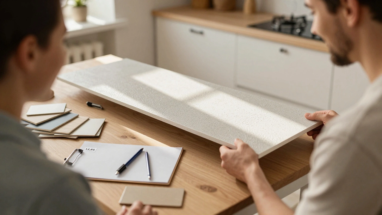 Мастер устанавливает кухонную панель из переработанного пластика в домашней кухне, клиент смотрит с одобрением.