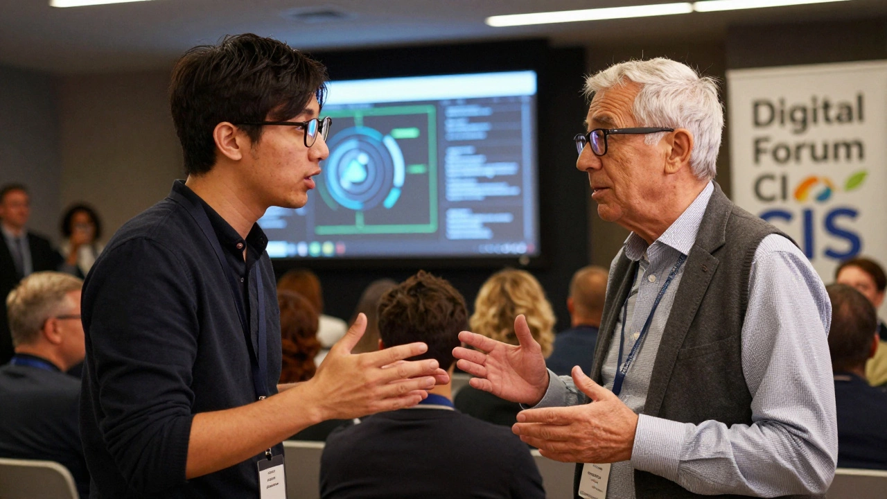 Основатель стартапа разговаривает с генеральным директором после выступления на цифровом форуме.