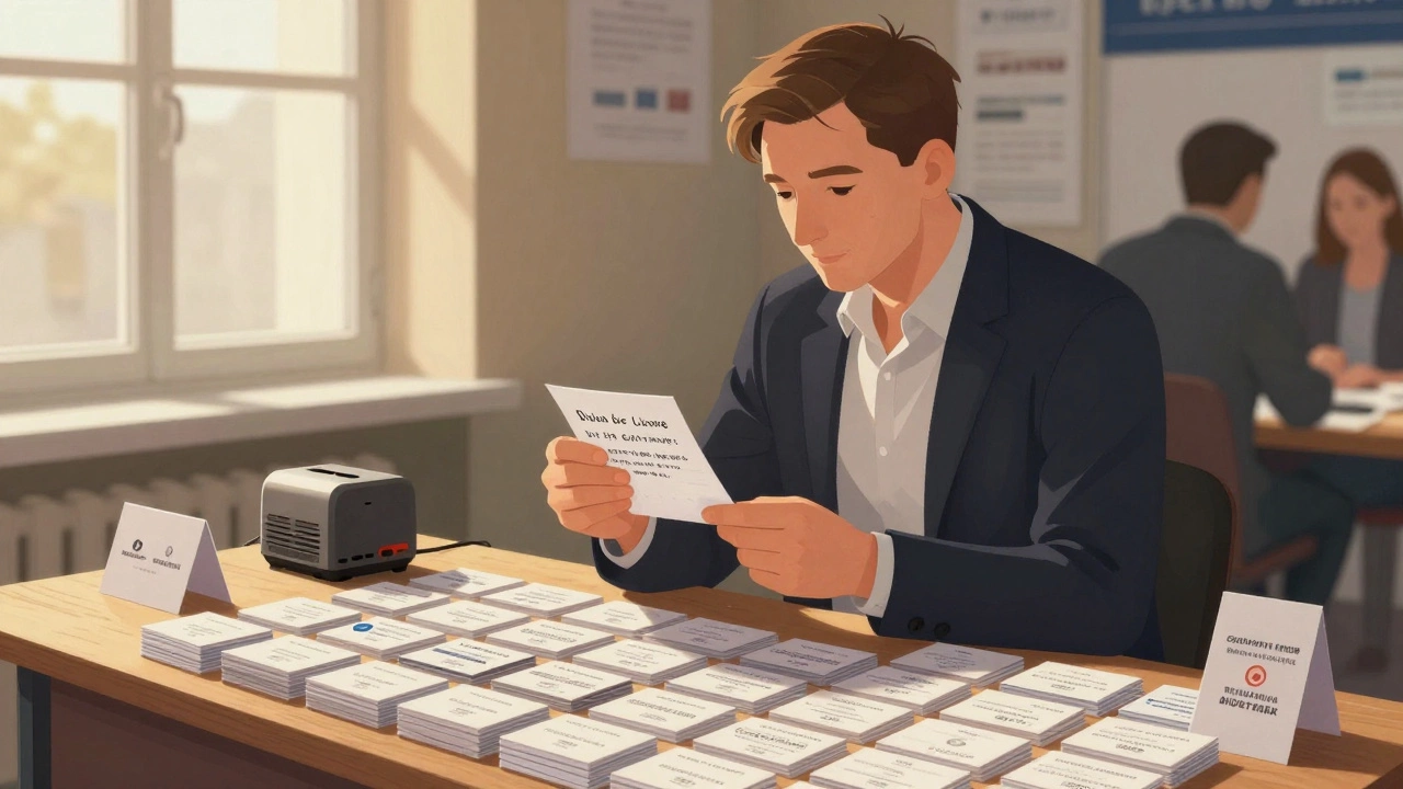 Предприниматель с堆из 847 визиток на выставке в Санкт-Петербурге, рядом — прототип продукта.