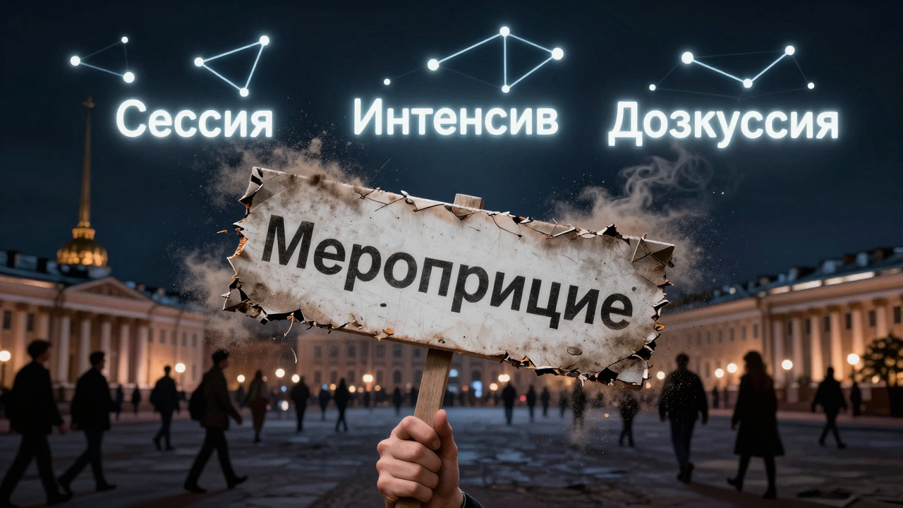 Пыльное слово 'мероприятие' разрушается, а на его месте появляются живые альтернативы в свете.