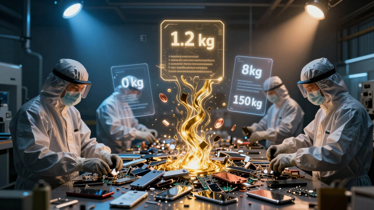 Рабочие перерабатывают старые смартфоны, из которых извлекаются золото, серебро и медь в виде светящихся металлов.