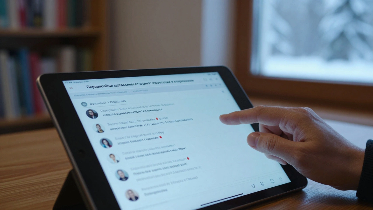 Рука прокручивает форумную тему о переработке отходов с ответами инвесторов на планшете.