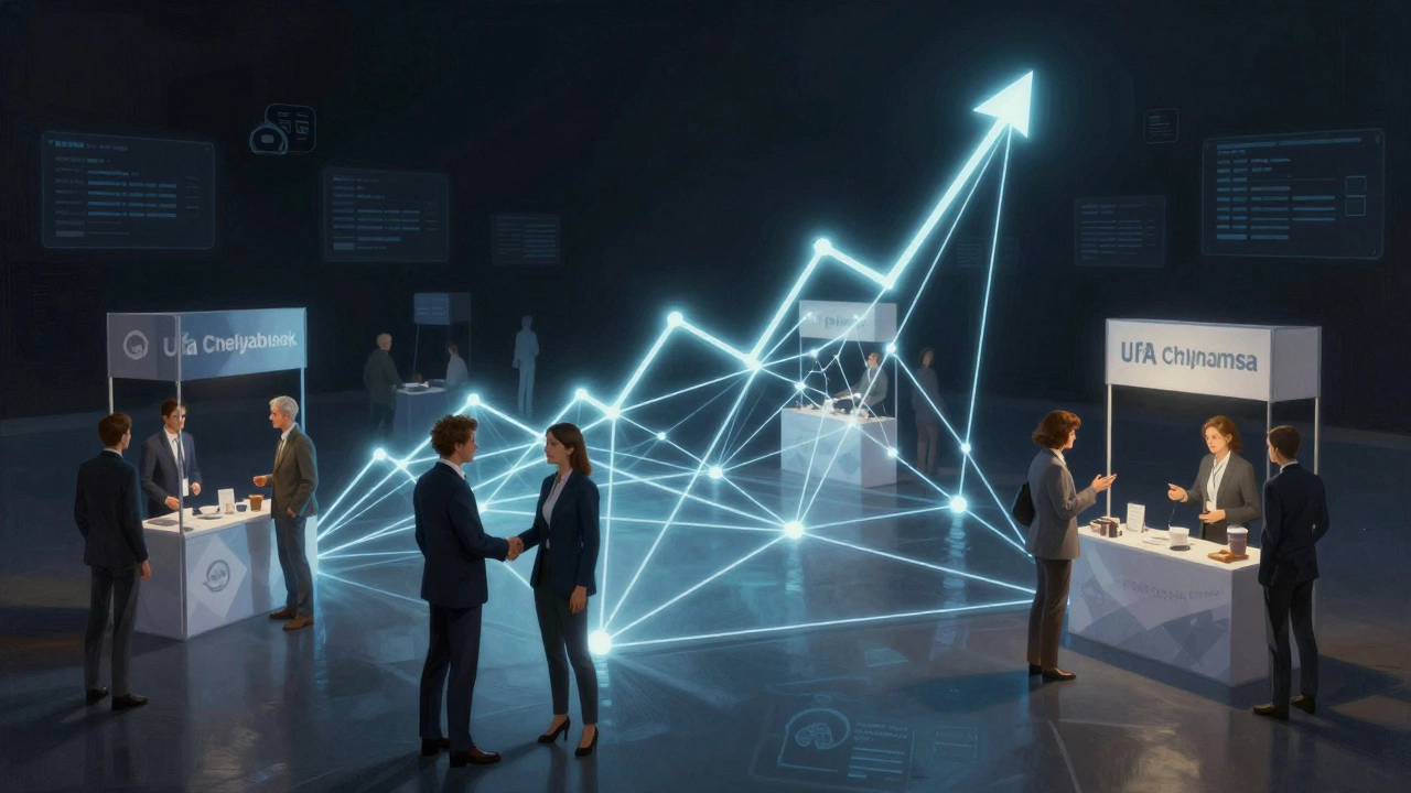 Сеть человеческих связей на промышленной выставке, соединяющая предпринимателей, инвесторов и партнеров.