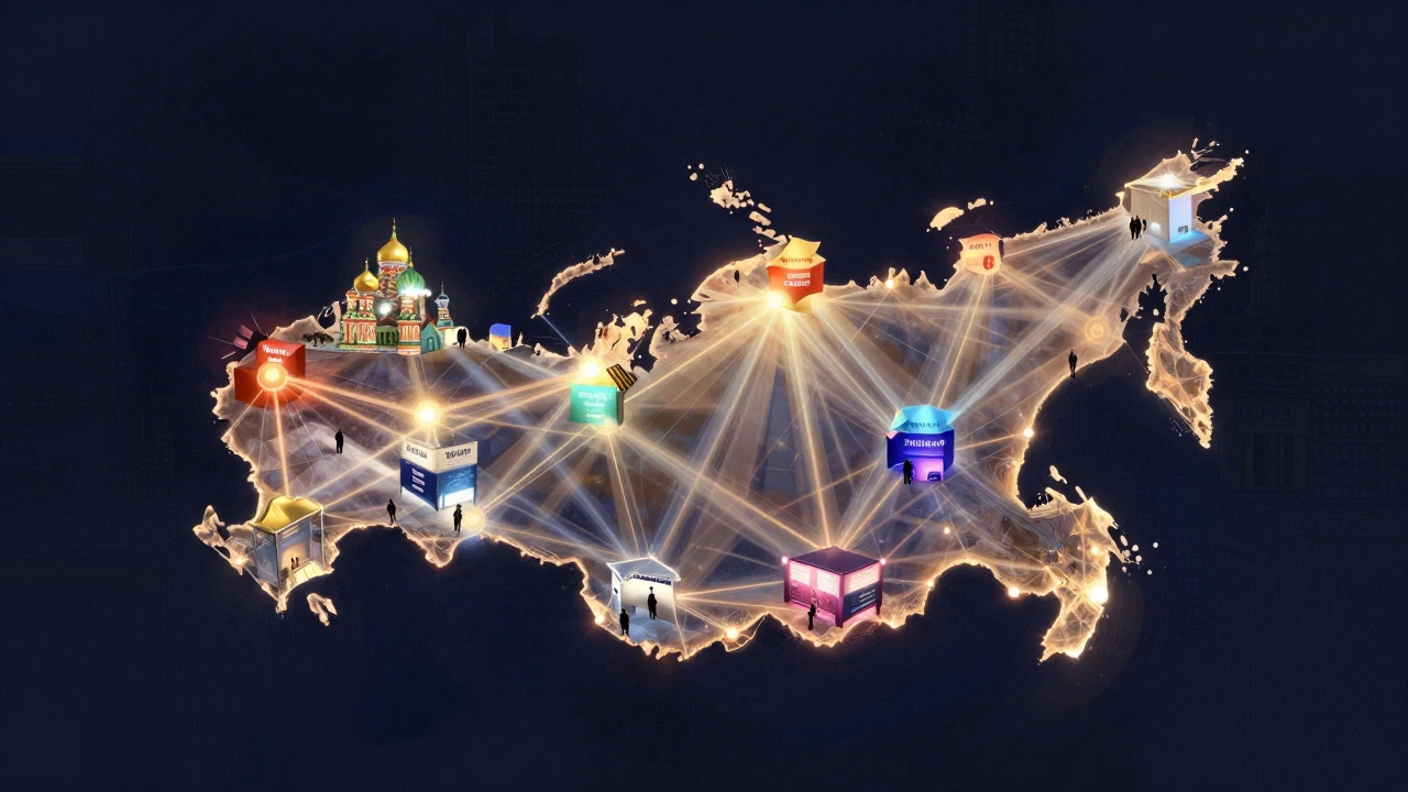 Схема сети из выставочных стендов по России, соединённых световыми потоками, символизирующими доверие и инновации.