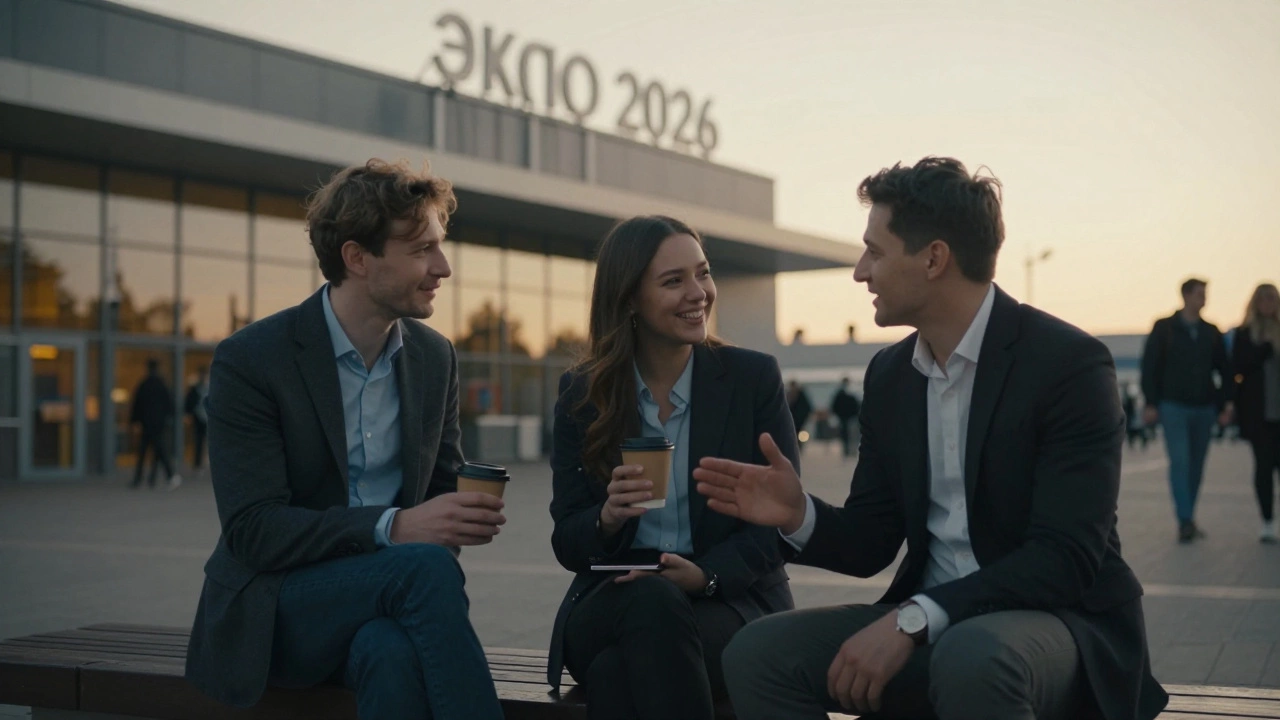 Трое людей пьют кофе после выставки, улыбаются, создавая связь без слов и рекламы.