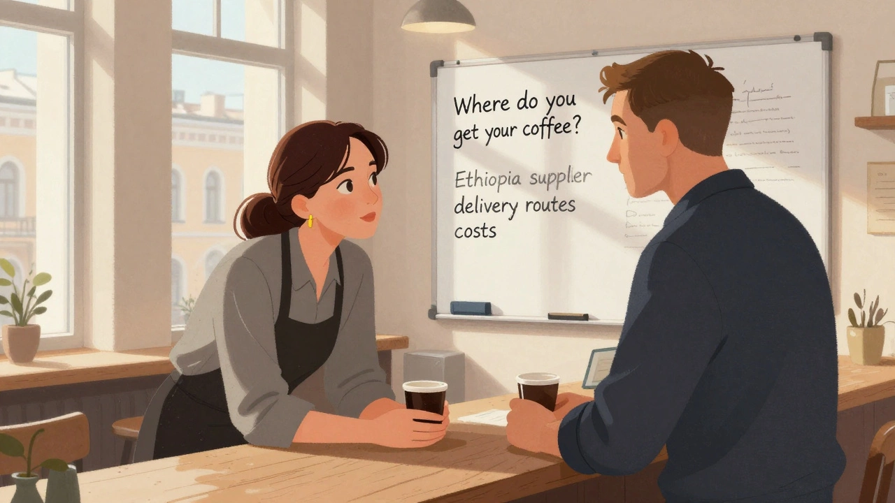 Владелец кофейни разговаривает с логистом о поставках кофе из Эфиопии на тихом углу форума.