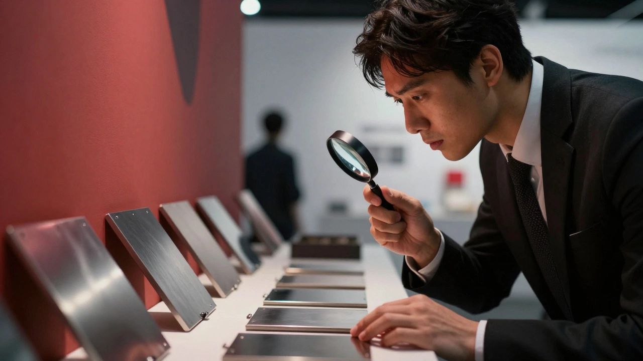 Бизнесмен изучает материалы конкурента на выставочном стенде