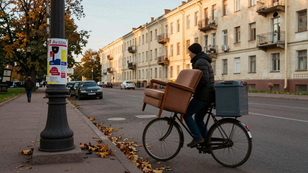 Человек перевозит вторичную мебель на велосипеде по улице Санкт-Петербурга.