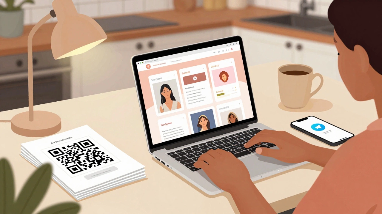 Человек создаёт шаблоны для Instagram на кухне, рядом телефон с уведомлениями из Telegram.