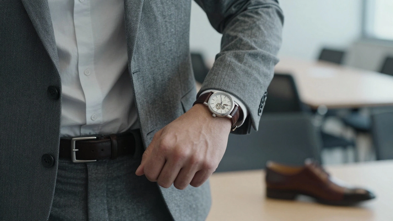 Деталь руки с классическими часами, застегнутым рукавом костюма и кожаным ремнем, соответствующим обуви.