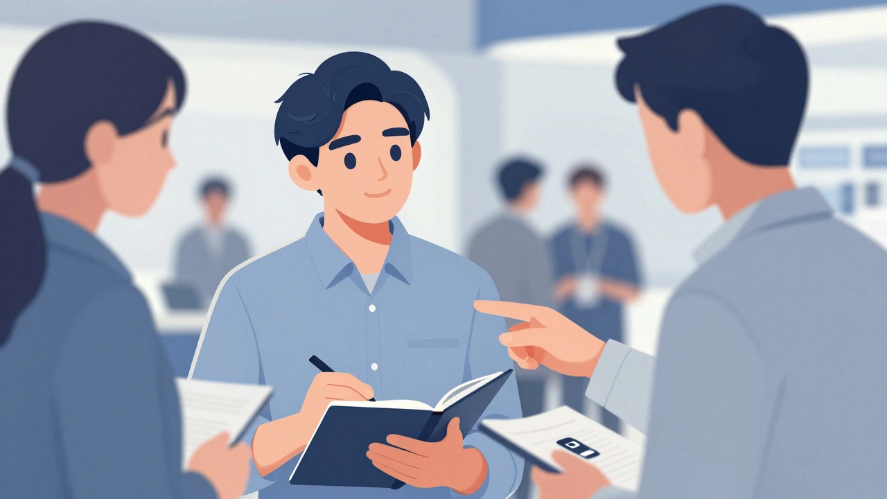 Инженер записывает отзывы клиента о компактном устройстве на выставке