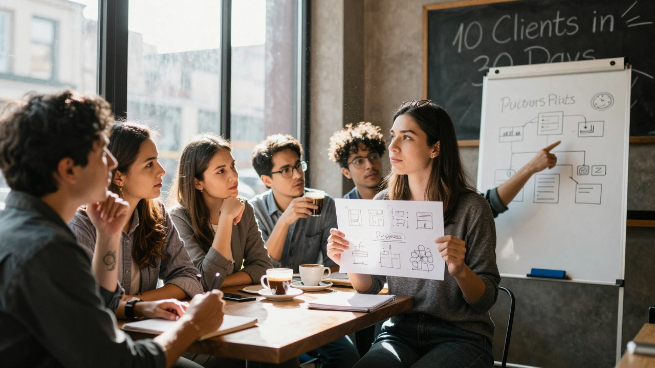 Мастер-класс для малого бизнеса в кофейне: участники обсуждают бизнес-план под солнечным светом.
