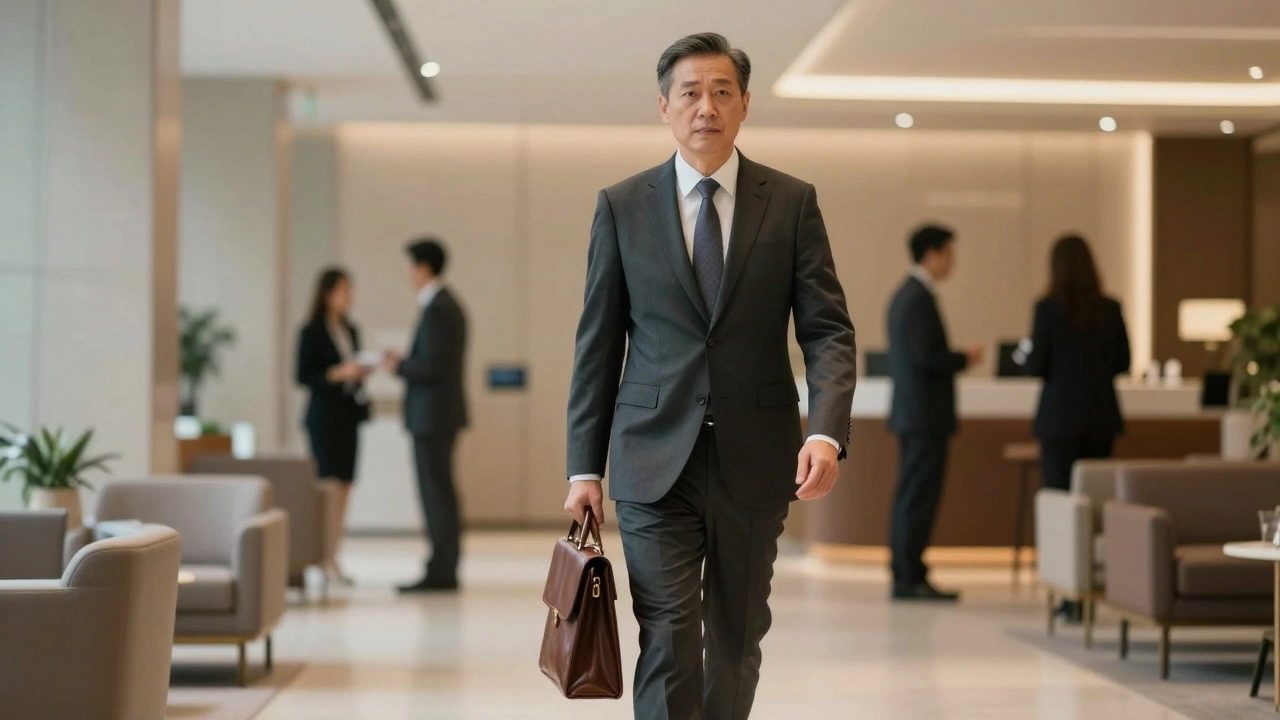 Мужчина 50 лет с кожаным портфелем и аккуратной прической, идет по лаунжу в хорошо сидящем костюме.