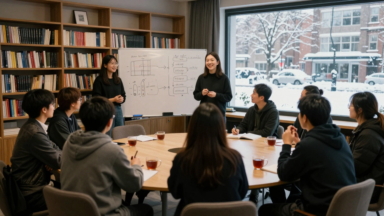 Небольшая группа участников на мастер-классе, слушают спикера у доски.