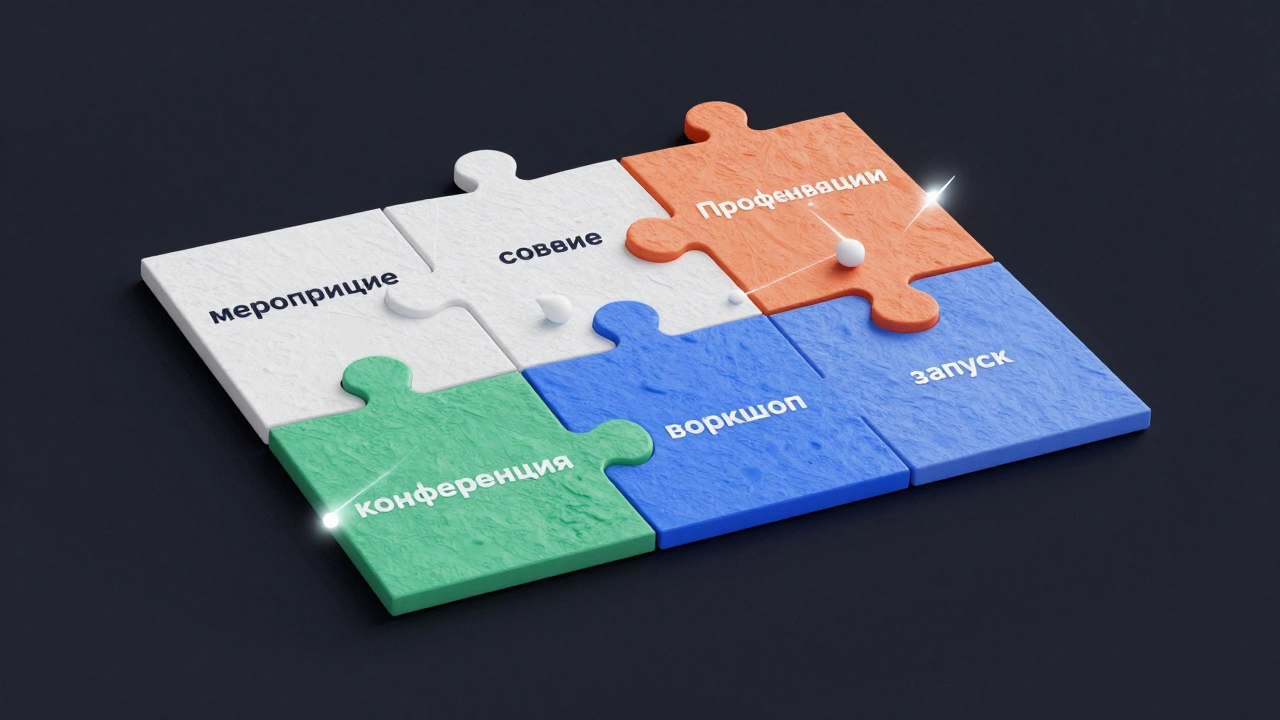 Пазл из терминов собирается в слово 'Профессионализм' как символ точности в бизнесе.