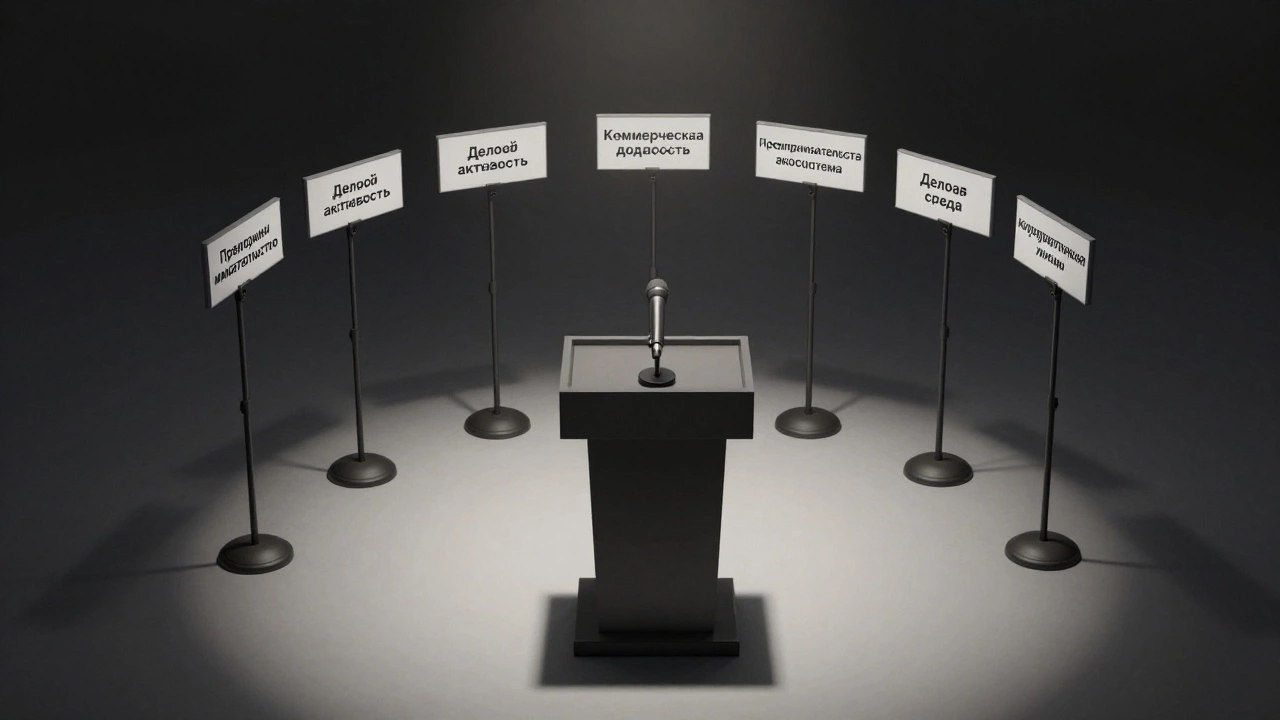 Пустая сцена с семью микрофонами, каждый подписан одним из альтернативных терминов для обозначения деловой деятельности.