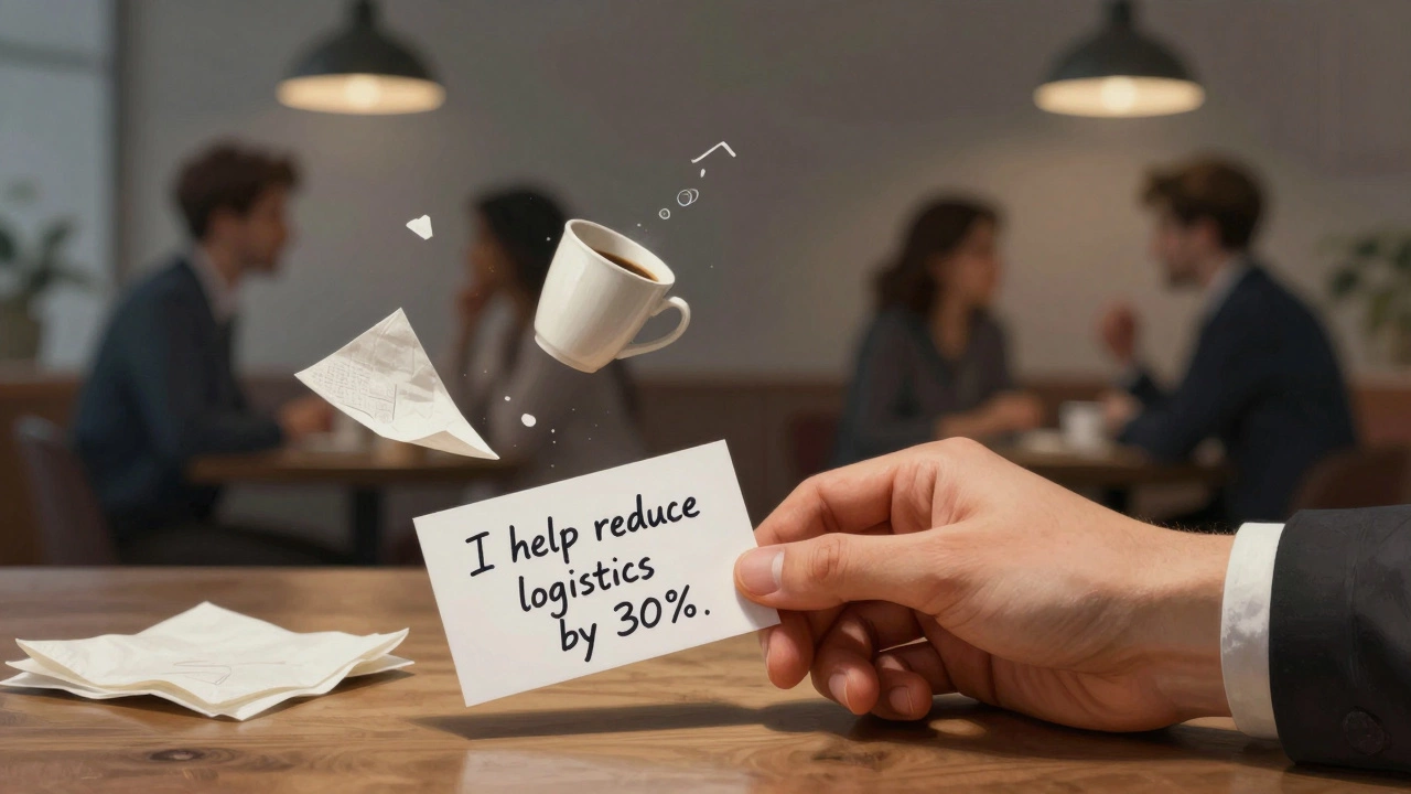 Рука кладет на стол визитку с рукописной заметкой, вокруг — фрагменты кофе и идей, люди разговаривают в тишине.