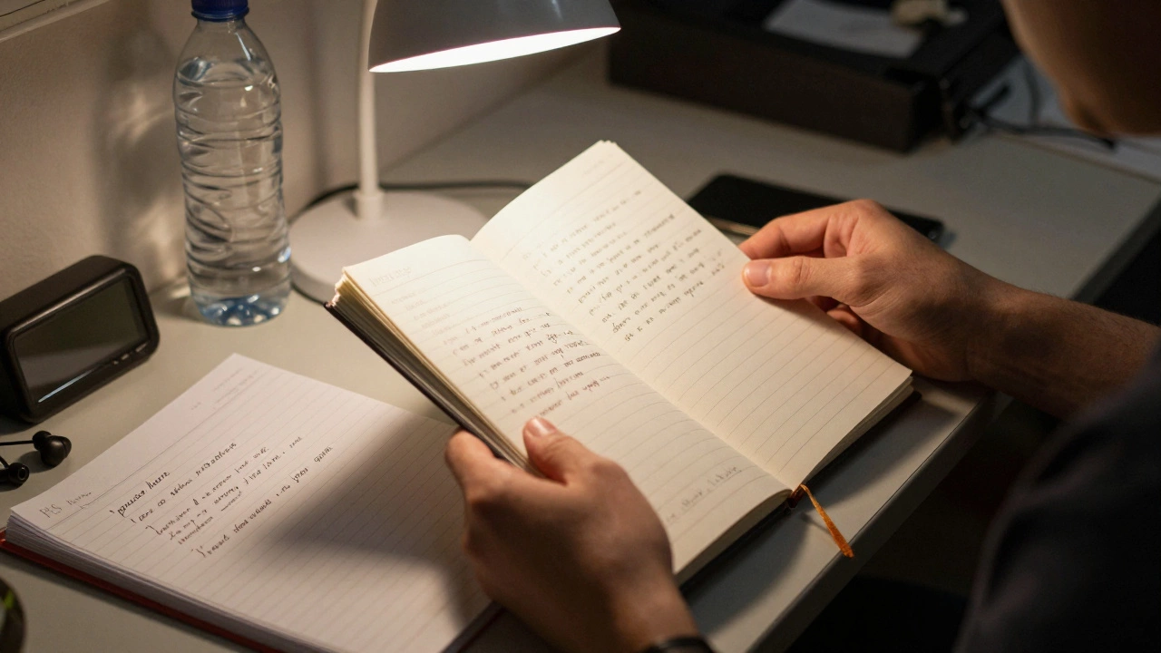 Руки модератора с заметками перед выступлением: план вопросов, таймер и наушники на столе.