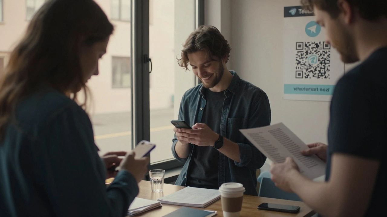 Трое участников после события общаются, один пишет сообщение, на стене — QR-код чата
