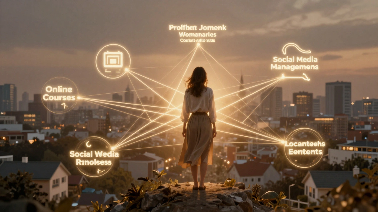 Женщина в центре сети связей, символизирующей пять прибыльных ниш для женщин в 2026 году.