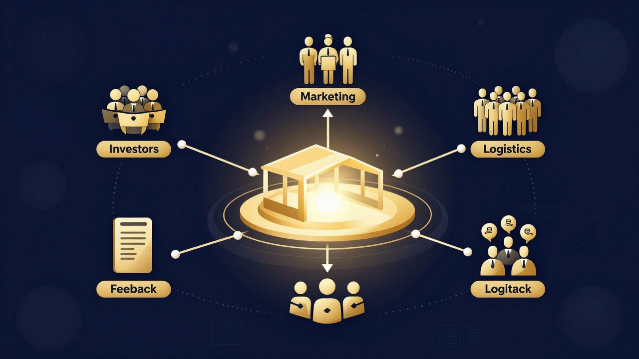 Абстрактная схема: бизнес-организатор как центральная точка, соединяющая инвесторов, маркетинг и обратную связь гостей