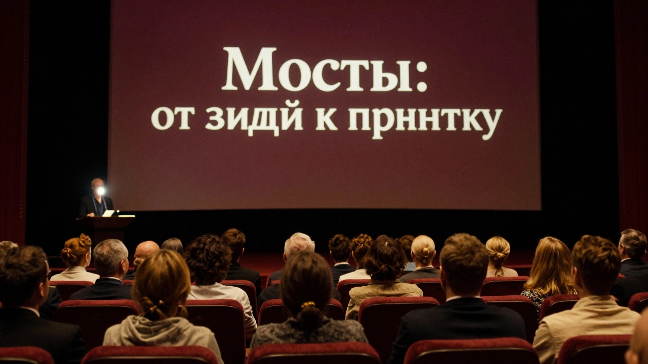 Аудитория в Санкт-Петербурге слушает выступление с названием 'Мосты: от идеи к рынку'.