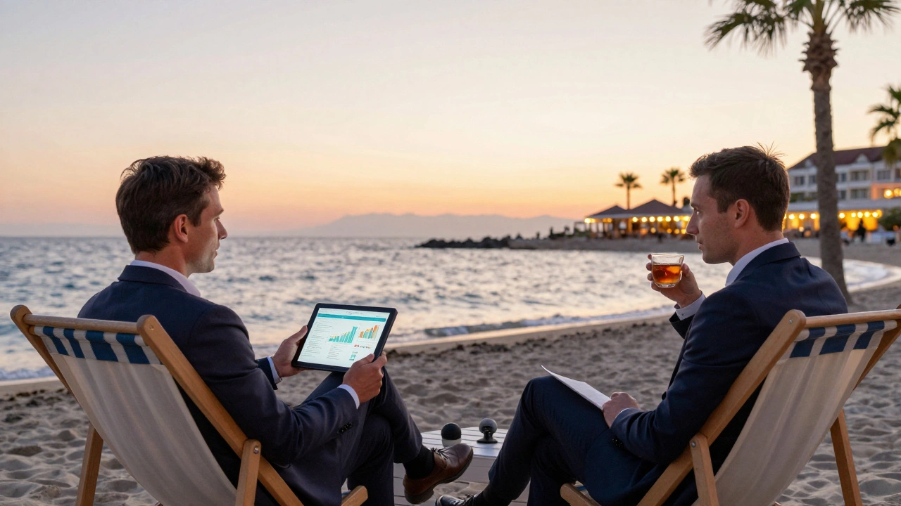 Деловая встреча на пляже в Сочи: два бизнесмена говорят о сотрудничестве на закате у Чёрного моря.