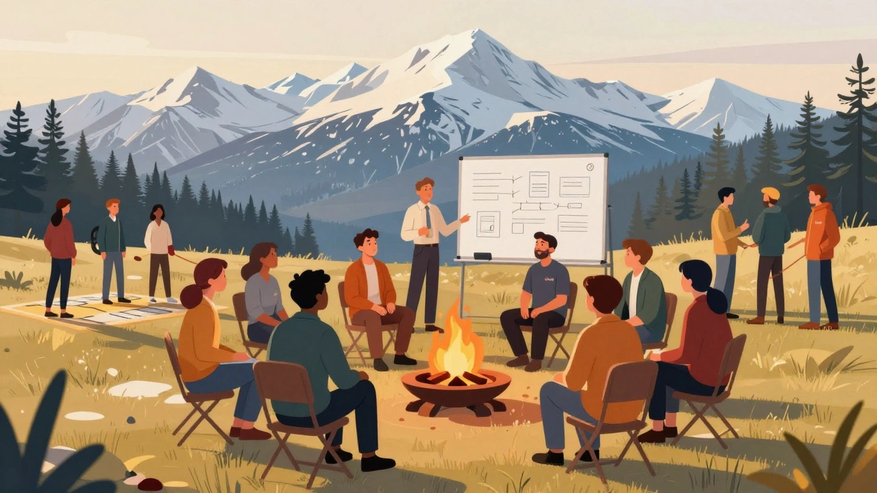 Команда компании на корпоративном мероприятии в горах, вокруг костра обсуждают стратегию.