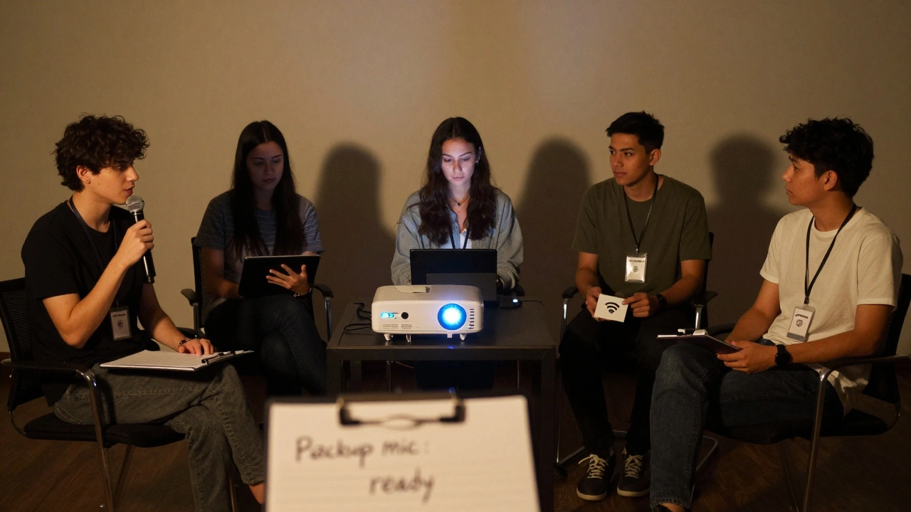 Команда проводит репетицию бизнес-мероприятия с проверкой техники и регистрации