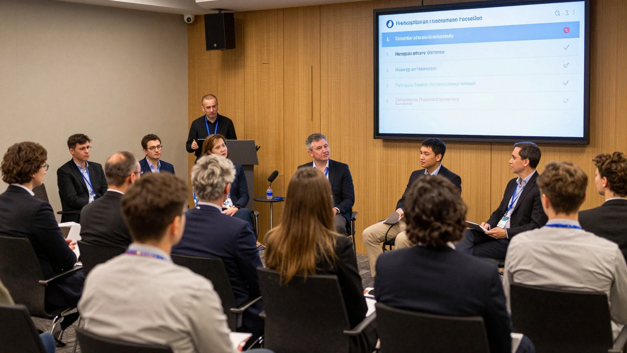 Конференция с аудиторией и техником, проверяющим микрофон на сцене