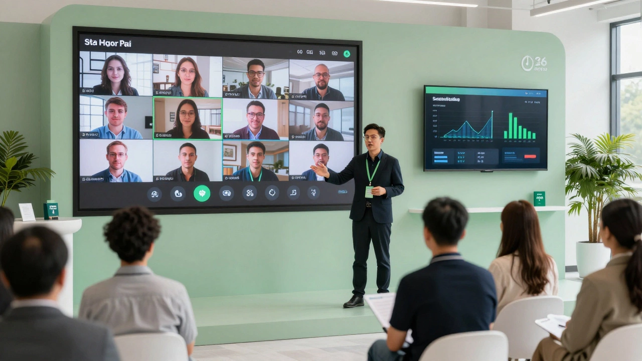 Менеджер ведёт гибридное мероприятие 2026 года с экологичными технологиями и интерактивными зонами.