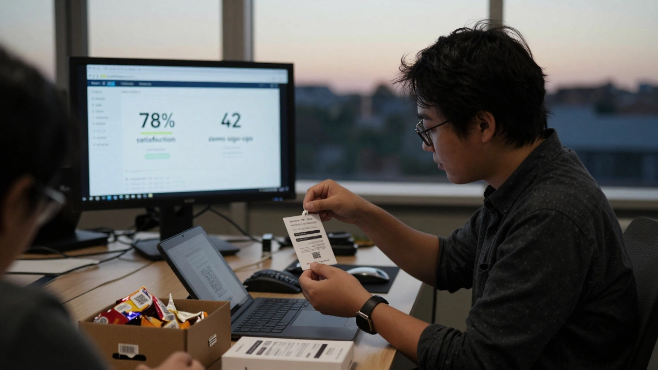 Организатор собирает остатки после мероприятия, на экране — результаты обратной связи.