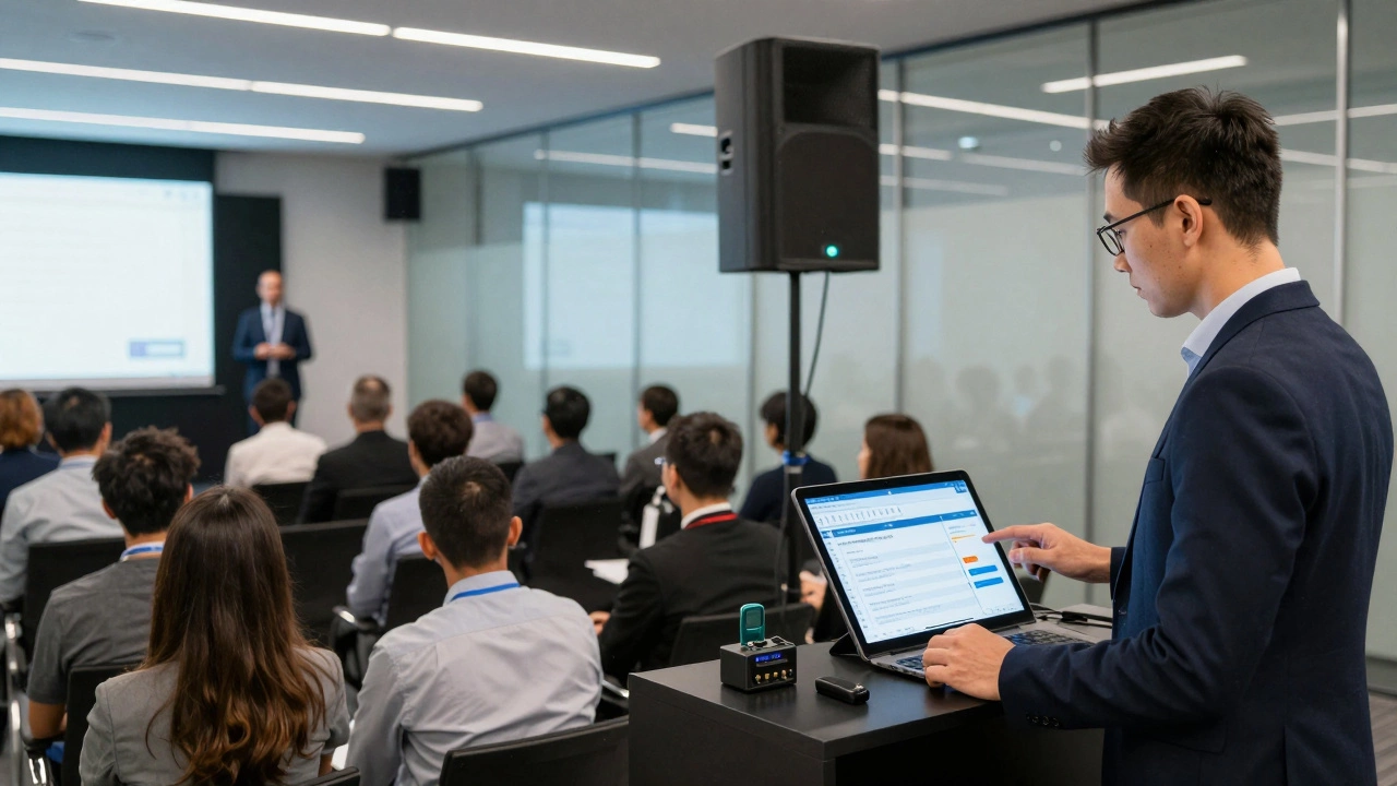 Организатор управляет корпоративной конференцией, координируя техническую команду и следя за реакцией аудитории
