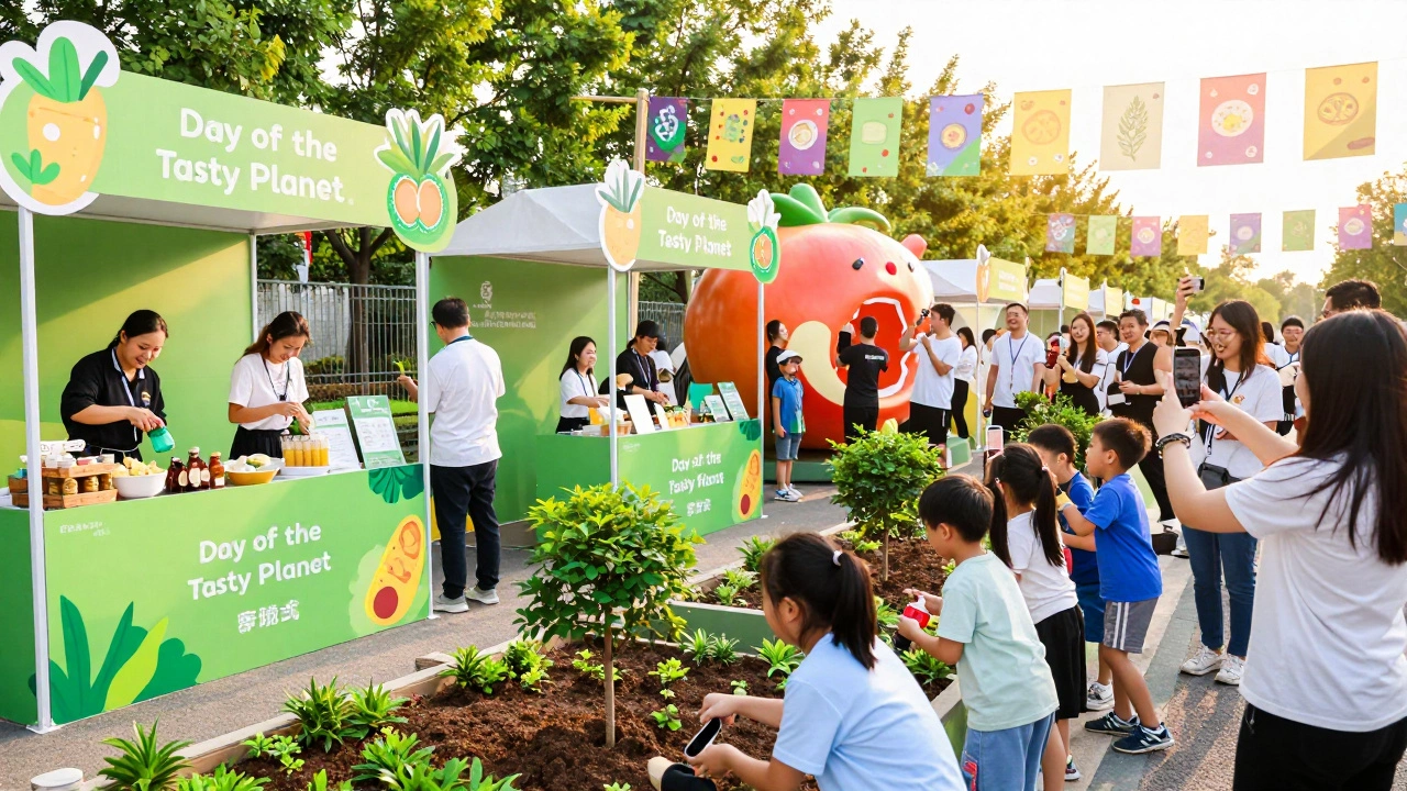 Посетители на промо-мероприятии пробуют экопродукты, садят деревья и фотографируются у ярких инсталляций.