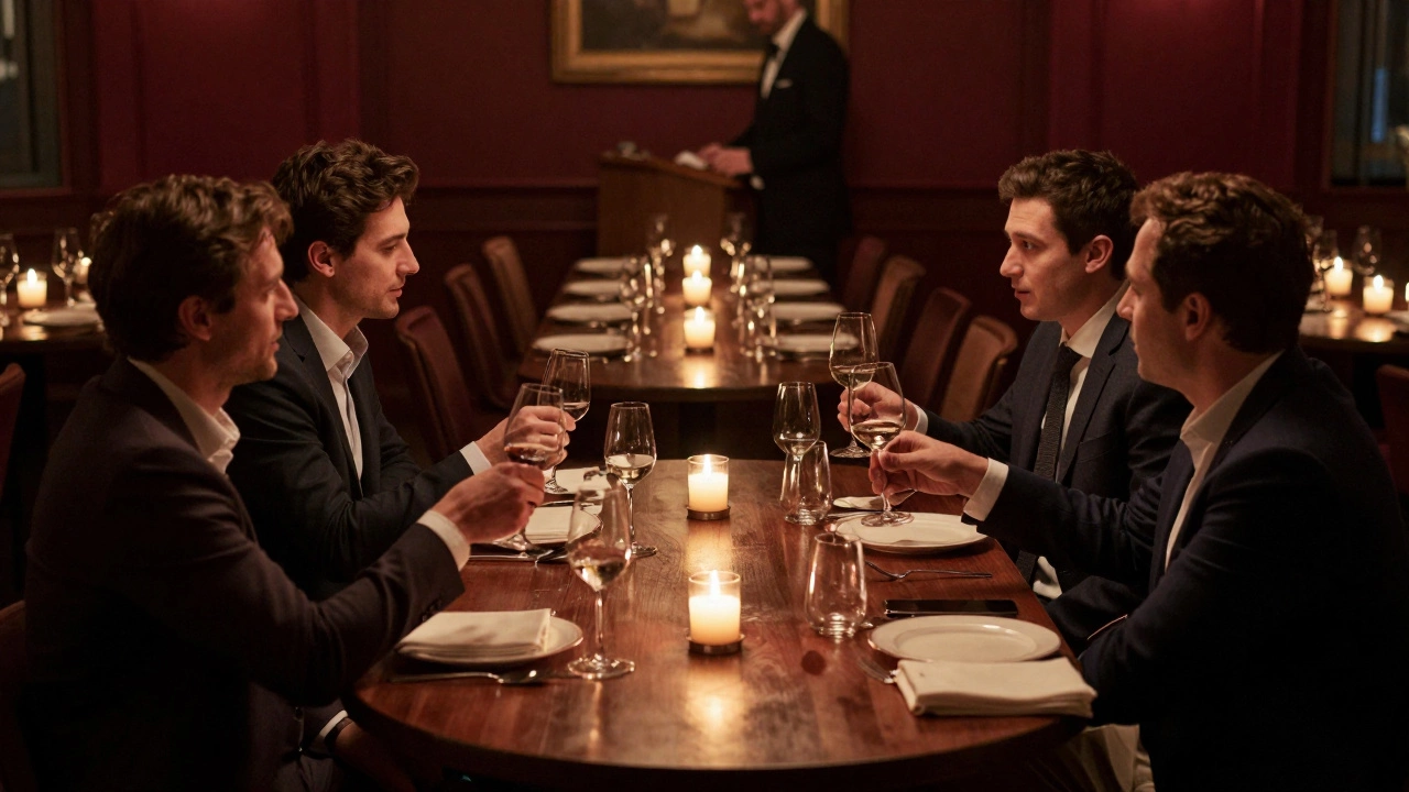 Руководители компаний общаются за закрытым ужином без презентаций, в тёплом свете свечей.