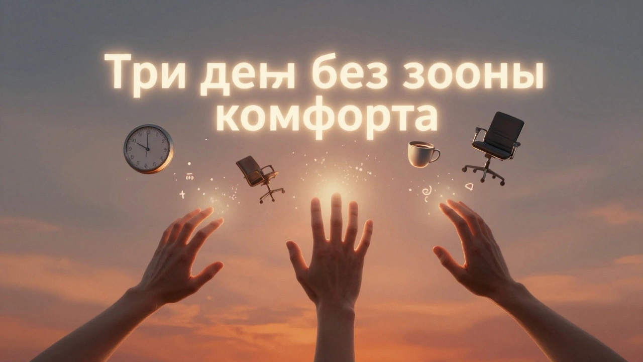 Три руки тянутся к летающему названию 'Три дня без зоны комфорта', символизируя прорыв.