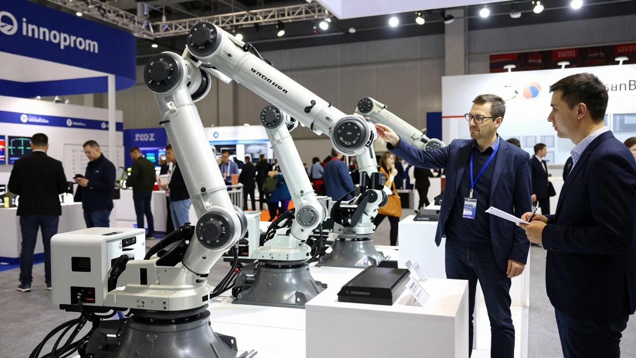Выставка Иннопром: российский робот-погрузчик работает на фоне посетителей, изучающих оборудование.